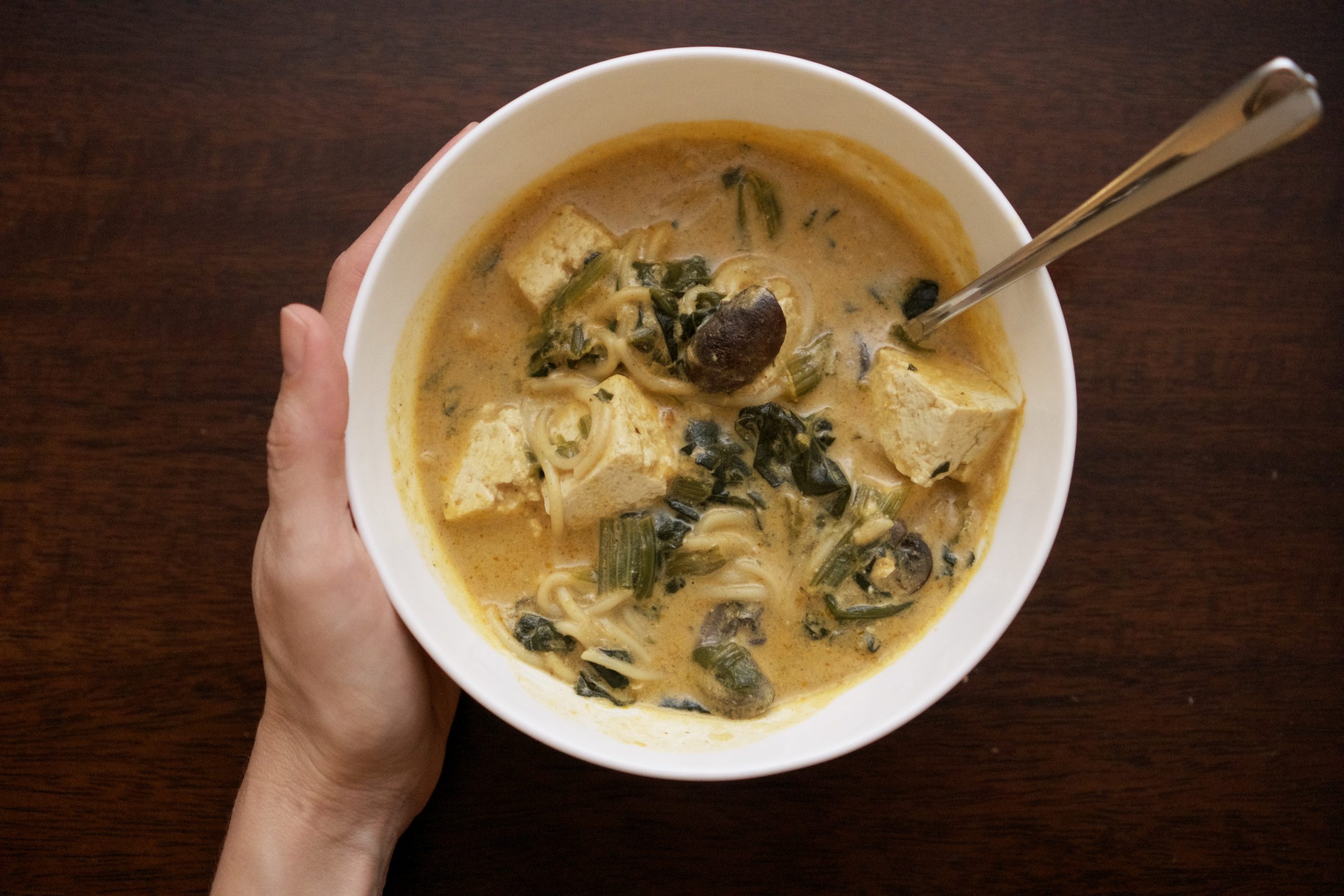 Red Curry with Spinach, Mushrooms, and Crispy Tofu